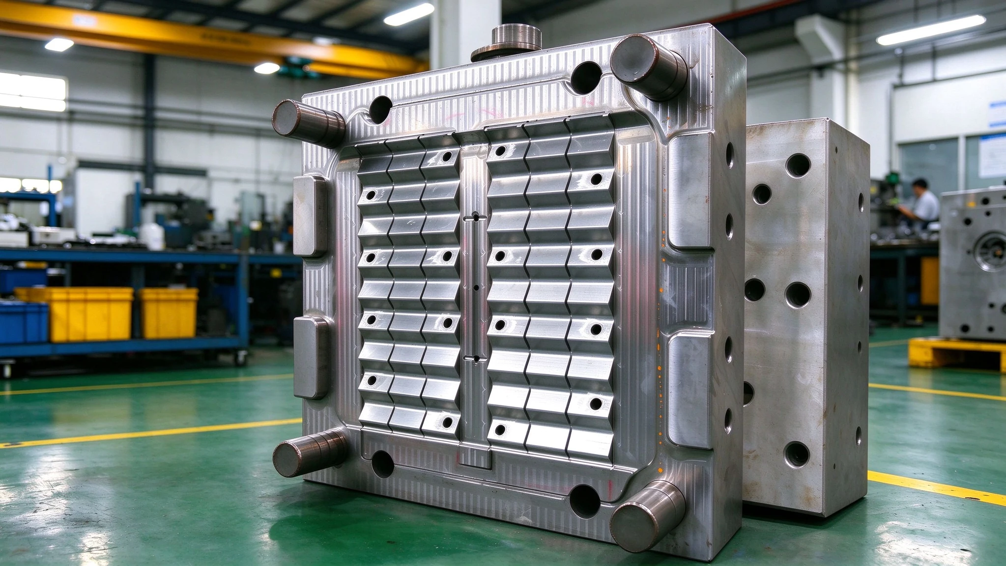 Metal injection mold with machined cavities on a factory workshop floor