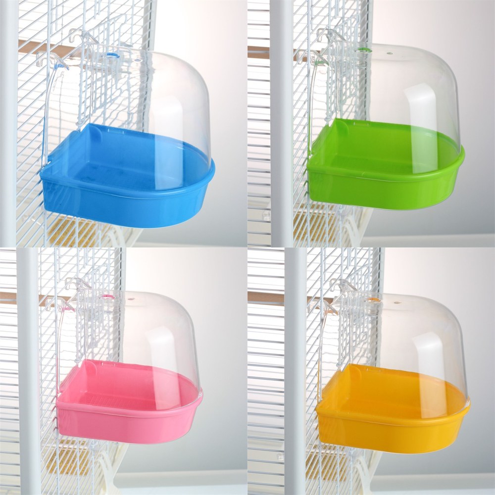 Same bird bath product in four custom colors — blue, green, pink and yellow