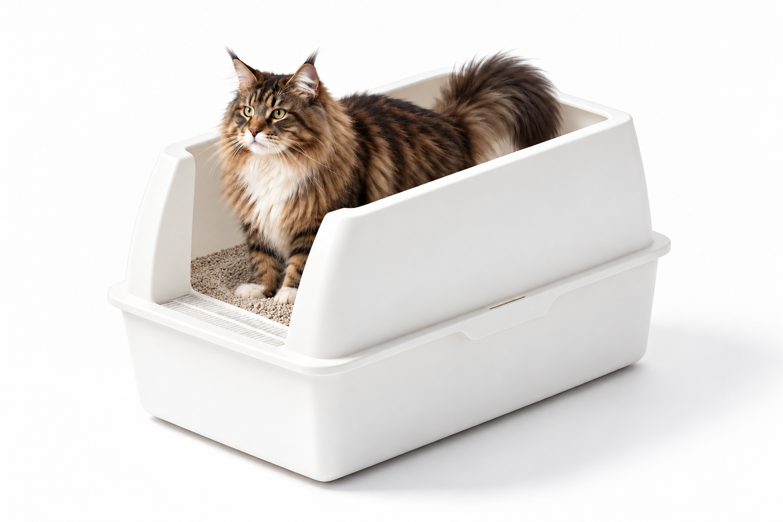 White cat litter box with cat