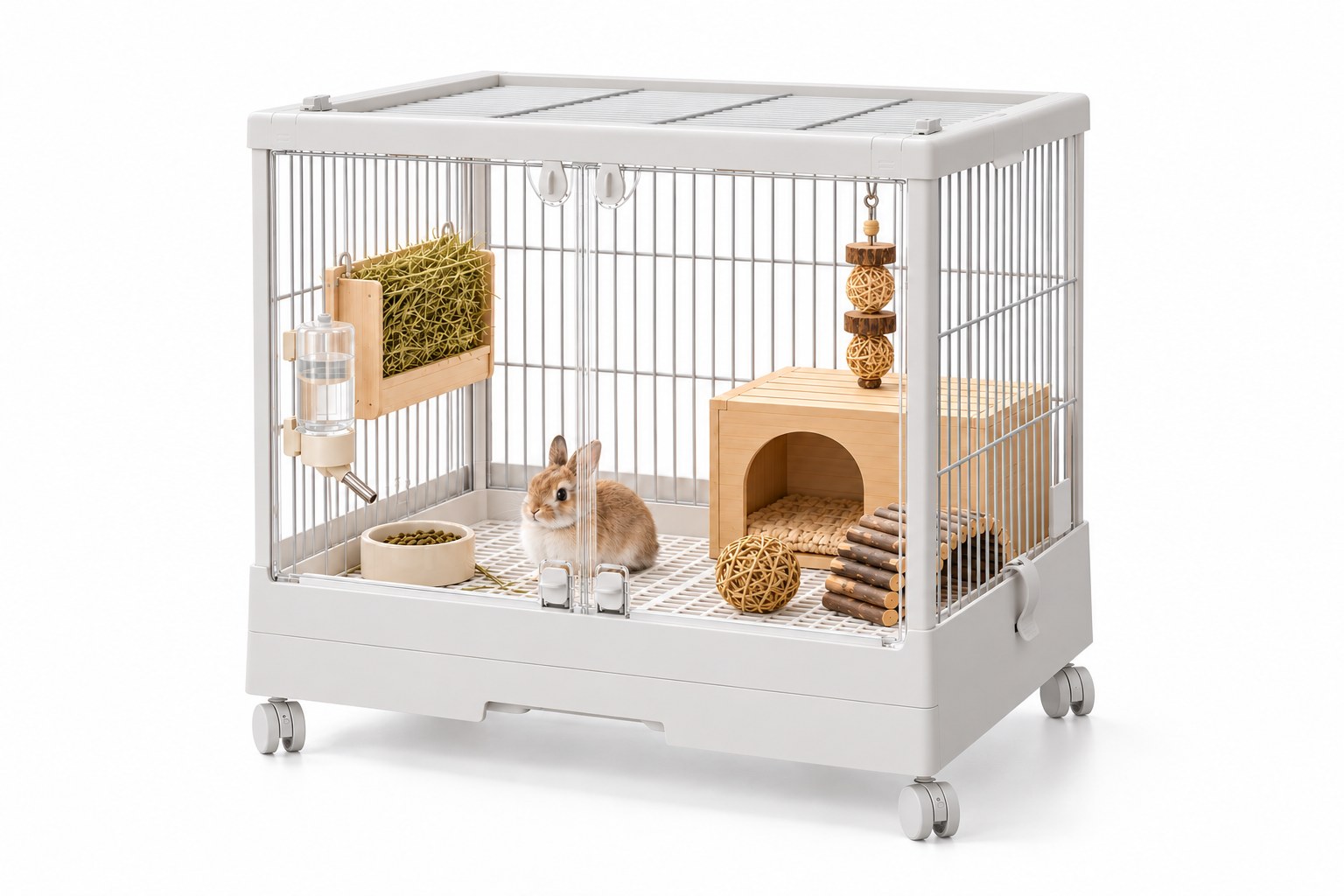 White rabbit cage with rabbit and habitat accessories