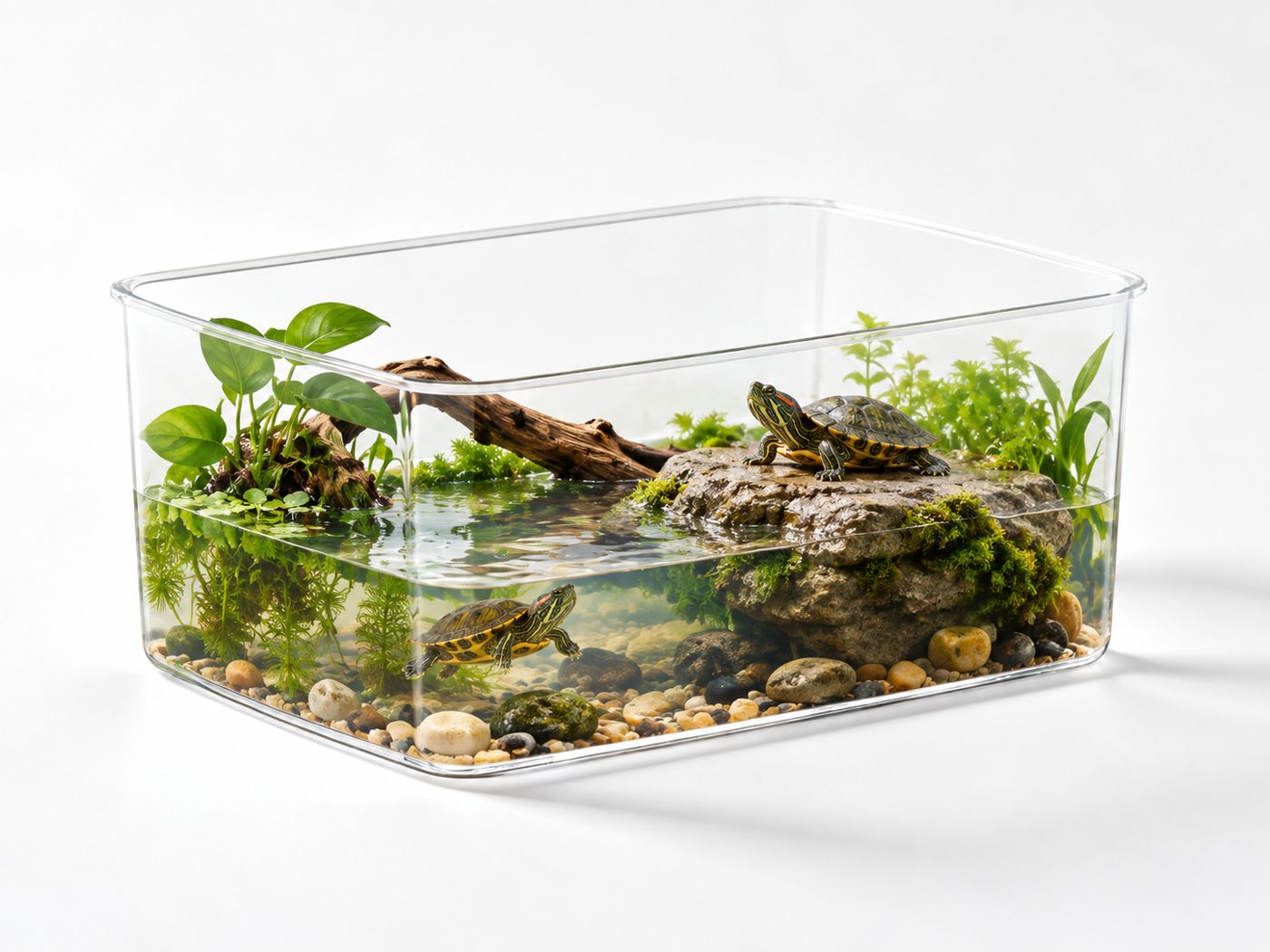 Transparent turtle tank with a natural aquatic habitat